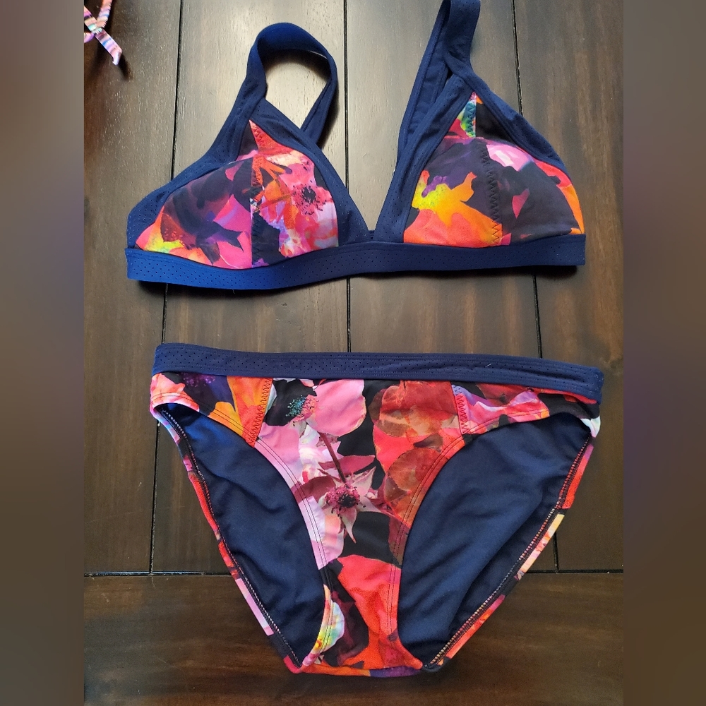 Athleta Navy Floral Triangle Bikini with Pink & Orange Accents